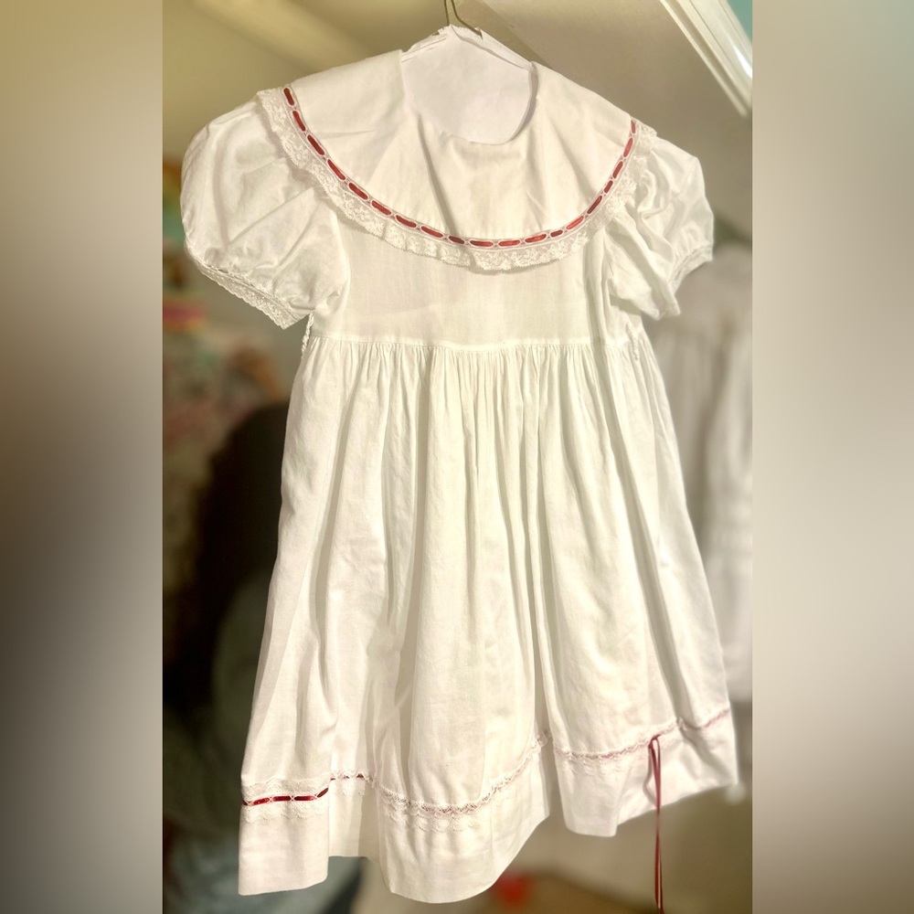 Vintage White Lace and Red Ribbon Trim Kids Dress